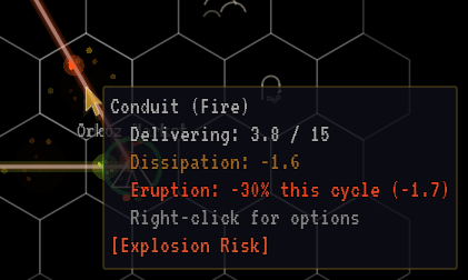 Fire conduit tooltip showing minus 30 percent from the eruption.