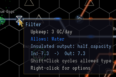Filter tooltip: allows water, insulated output at half capacity.