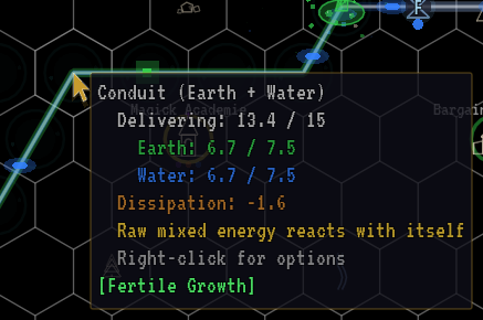 Tooltip on a raw earth and water conduit: 7.5 of each type, raw mixed energy reacts with itself.