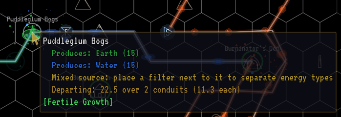 Mud spring tooltip: produces 15 earth and 15 water, with a hint to place a filter next to it.