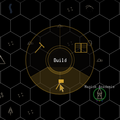 Radial menu with three slices: Field Manual, Build and Demolish, with Build highlighted.