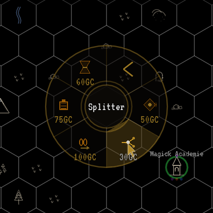 The Build submenu: Relay Station 50gc, Splitter 30gc, Transformer 100gc, Battery 75gc and Filter 60gc, with Splitter highlighted.