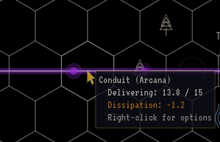 Tooltip on an arcana conduit: delivering 13.8 of 15, dissipation minus 1.2.
