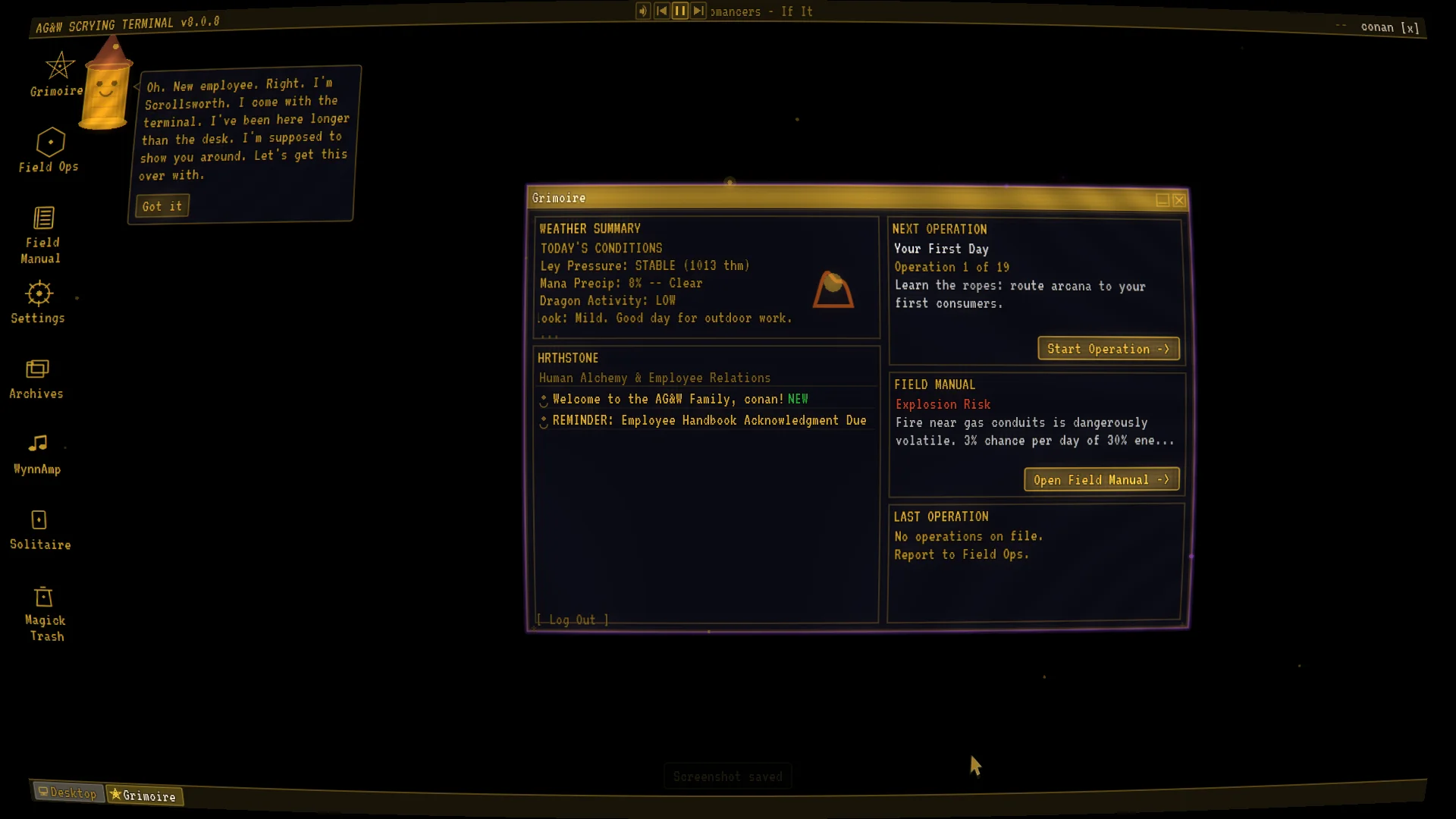 The Grimoire dashboard with Scrollsworth, the terminal's assistant